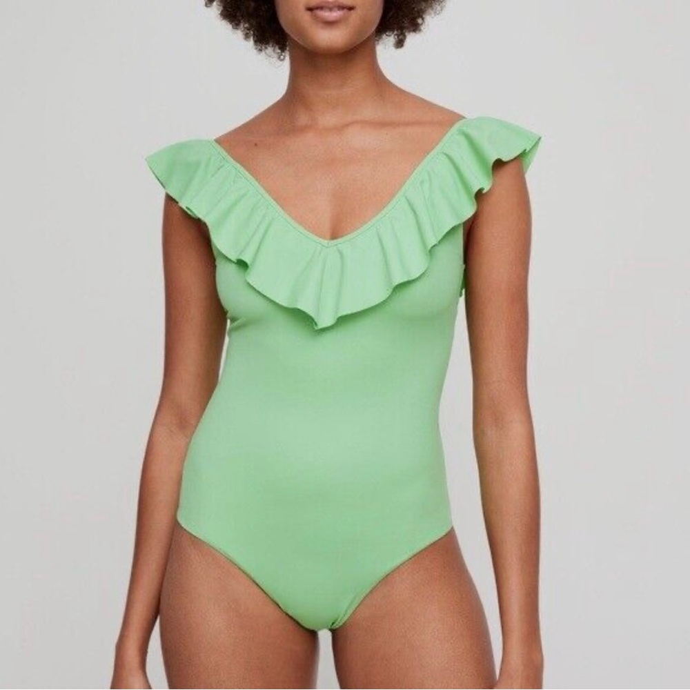 Wilfred NWOT Vibrant Green Ruffle Off-Shoulder One Piece Bodysuit Women's Size S